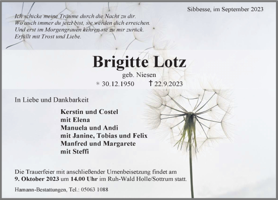 Traueranzeige von Brigitte Lotz von Hildesheimer Allgemeine Zeitung