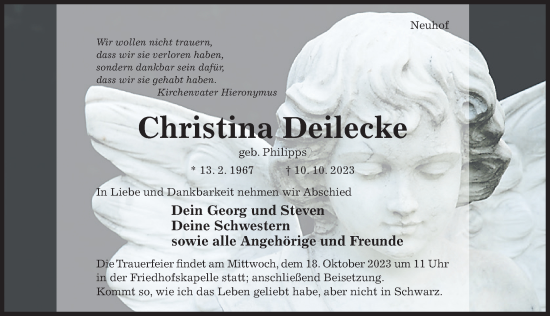 Traueranzeige von Christina Deilecke von Hildesheimer Allgemeine Zeitung