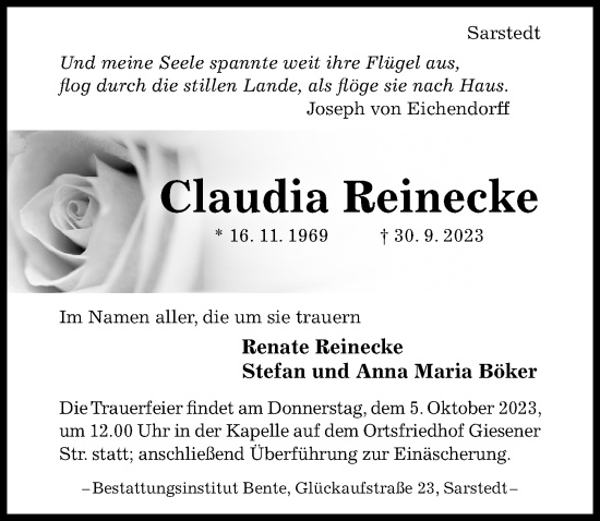 Traueranzeige von Claudia Reinecke von Hildesheimer Allgemeine Zeitung