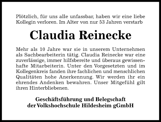 Traueranzeige von Claudia Reinecke von Hildesheimer Allgemeine Zeitung