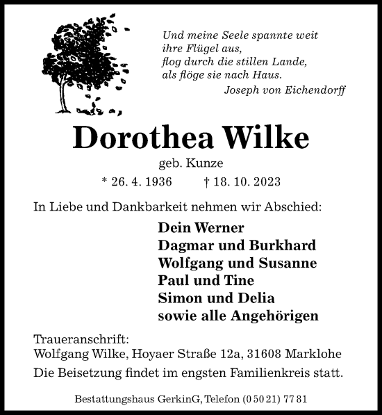 Traueranzeigen Von Dorothea Wilke | Trauerportal Hildesheimer ...