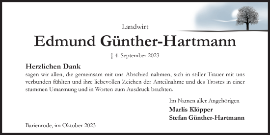 Traueranzeige von Edmund Günther-Hartmann von Hildesheimer Allgemeine Zeitung