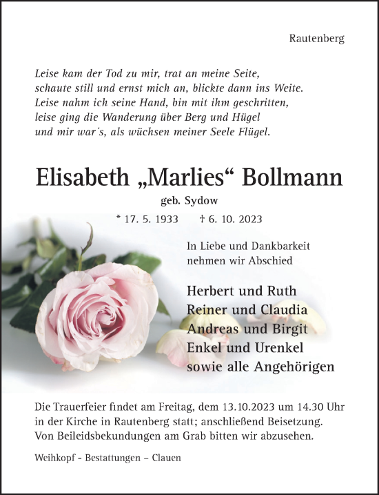 Traueranzeige von Elisabeth Bollmann von Hildesheimer Allgemeine Zeitung