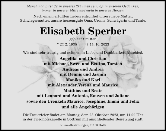 Traueranzeige von Elisabeth Sperber von Hildesheimer Allgemeine Zeitung