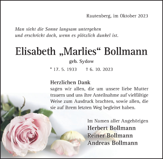 Traueranzeige von Elisabeth Marlies Bollmann von Hildesheimer Allgemeine Zeitung