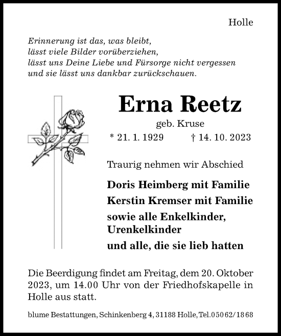 Traueranzeige von Erna Reetz von Hildesheimer Allgemeine Zeitung