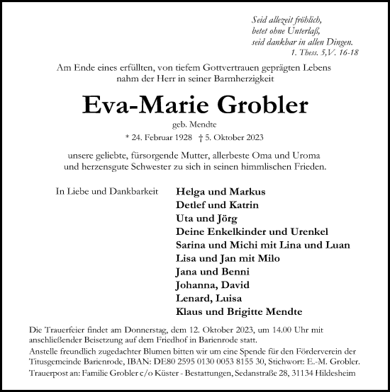 Traueranzeige von Eva-Marie Grobler von Hildesheimer Allgemeine Zeitung