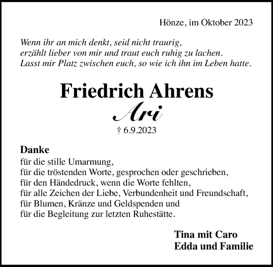 Traueranzeige von Friedrich Ahrens von Hildesheimer Allgemeine Zeitung