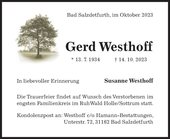 Traueranzeige von Gerd Westhoff von Hildesheimer Allgemeine Zeitung