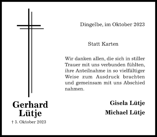 Traueranzeige von Gerhard Lütje von Hildesheimer Allgemeine Zeitung