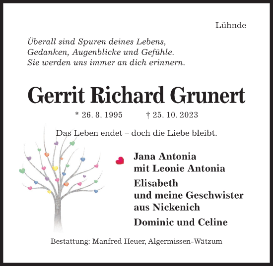 Traueranzeige von Gerrit Richard Grunert von Hildesheimer Allgemeine Zeitung