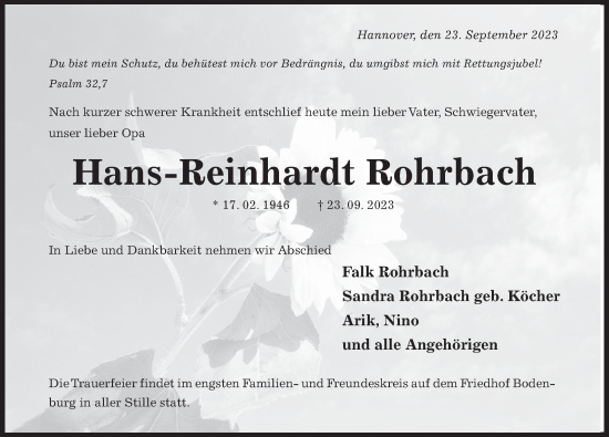 Traueranzeige von Hans-Reinhardt Rohrbach von Hildesheimer Allgemeine Zeitung