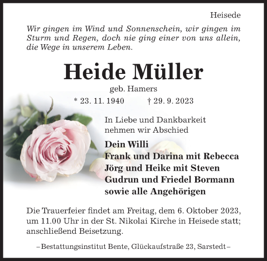 Traueranzeige von Heide Müller von Hildesheimer Allgemeine Zeitung