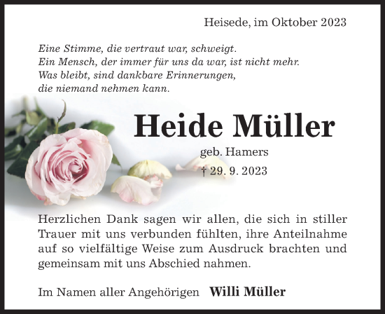 Traueranzeige von Heide Müller von Hildesheimer Allgemeine Zeitung