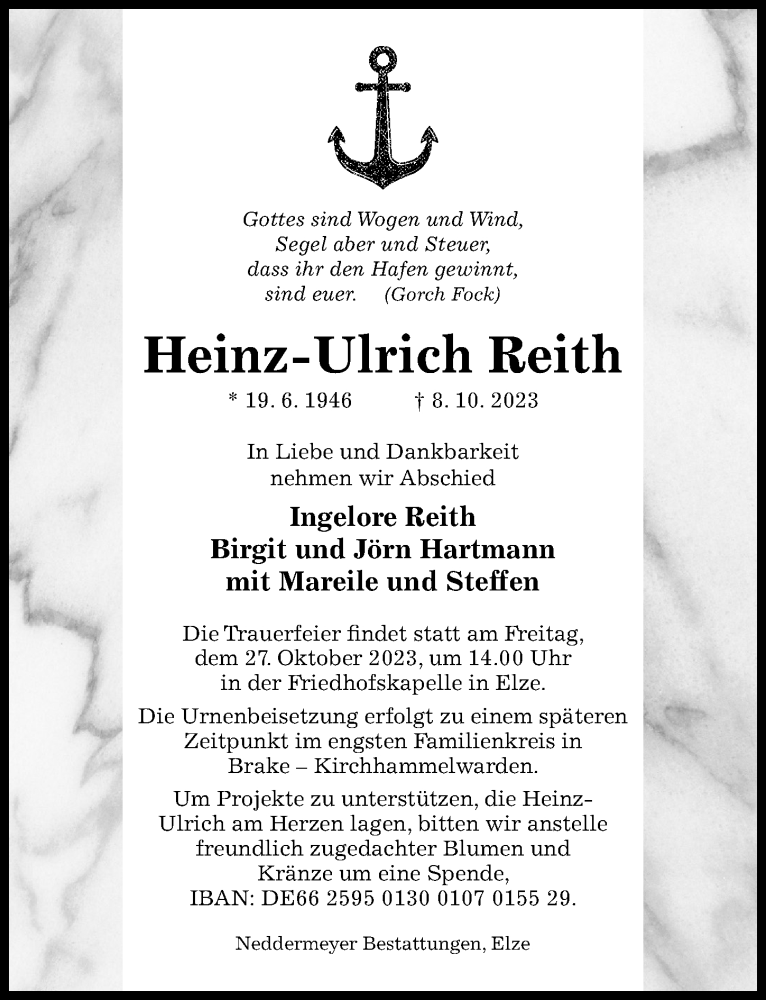  Traueranzeige für Heinz-Ulrich Reith vom 14.10.2023 aus Hildesheimer Allgemeine Zeitung