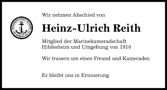 Traueranzeige von Heinz-Ulrich Reith von Hildesheimer Allgemeine Zeitung