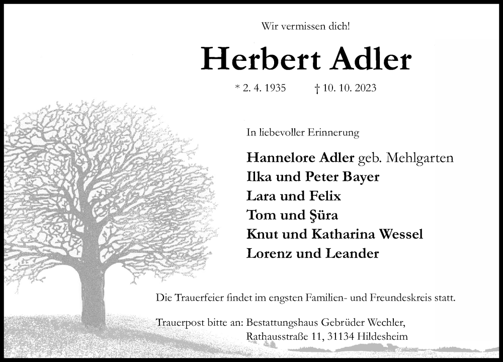  Traueranzeige für Herbert Adler vom 14.10.2023 aus Hildesheimer Allgemeine Zeitung