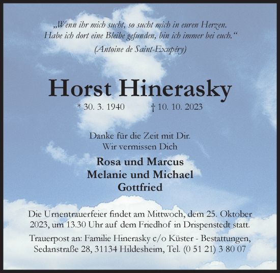 Traueranzeige von Horst Hinerasky von Hildesheimer Allgemeine Zeitung