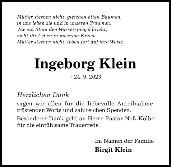 Traueranzeige von Ingeborg Klein von Hildesheimer Allgemeine Zeitung