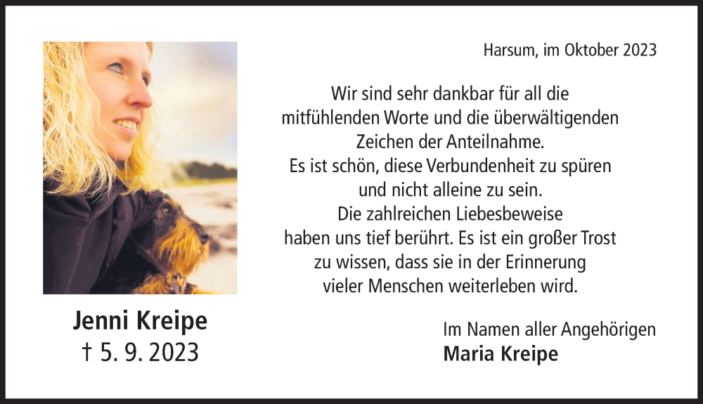  Traueranzeige für Jenni Kreipe vom 05.10.2023 aus Hildesheimer Allgemeine Zeitung