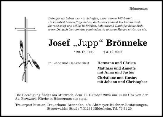 Traueranzeige von Josef Brönneke von Hildesheimer Allgemeine Zeitung