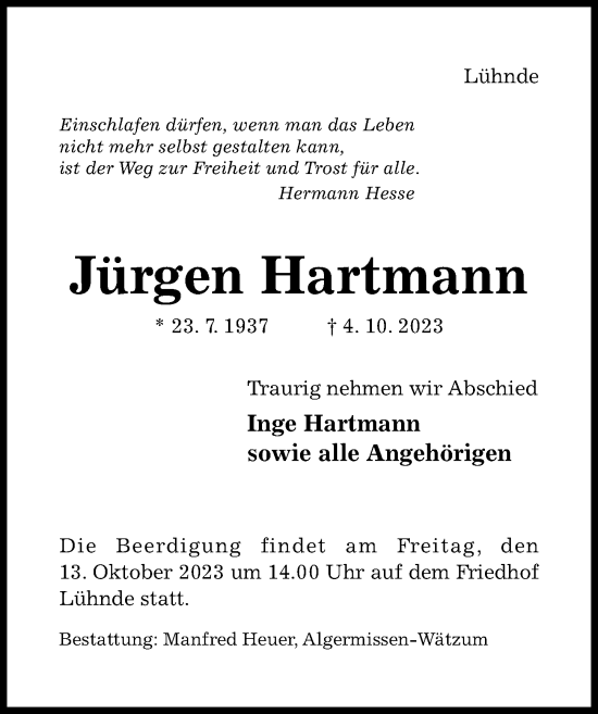 Traueranzeige von Jürgen Hartmann von Hildesheimer Allgemeine Zeitung