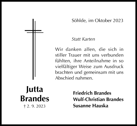 Traueranzeige von Jutta Brandes von Hildesheimer Allgemeine Zeitung