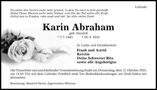 Traueranzeige von Karin Abraham von Hildesheimer Allgemeine Zeitung