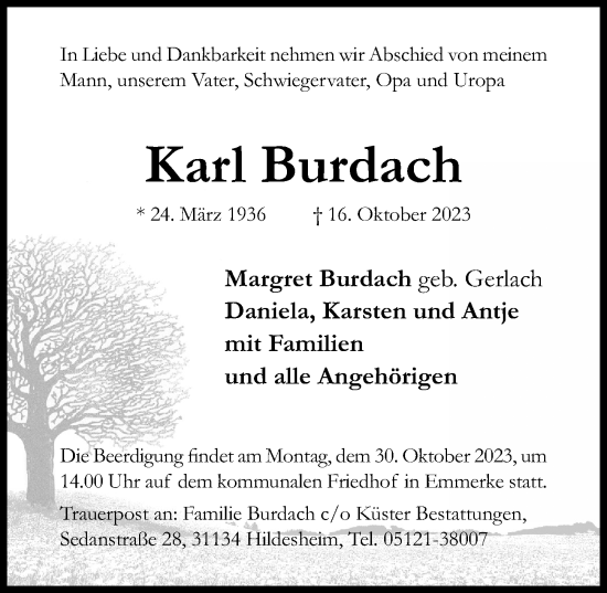 Traueranzeige von Karl Burdach von Hildesheimer Allgemeine Zeitung