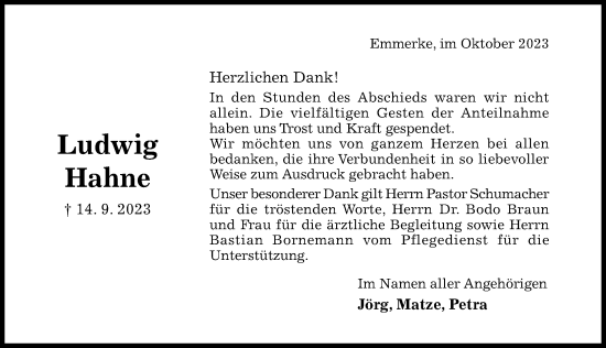 Traueranzeige von Ludwig Hahne von Hildesheimer Allgemeine Zeitung