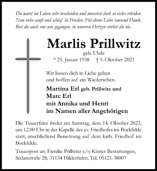 Traueranzeige von Marlis Prillwitz von Hildesheimer Allgemeine Zeitung