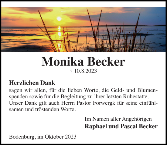 Traueranzeige von Monika Becker von Hildesheimer Allgemeine Zeitung