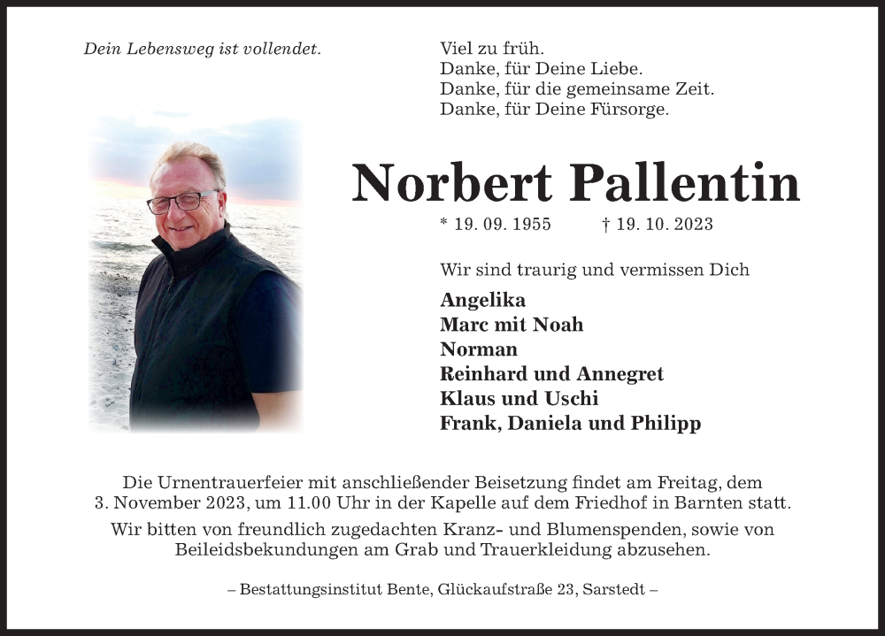  Traueranzeige für Norbert Pallentin vom 25.10.2023 aus Hildesheimer Allgemeine Zeitung