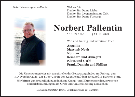 Traueranzeige von Norbert Pallentin von Hildesheimer Allgemeine Zeitung