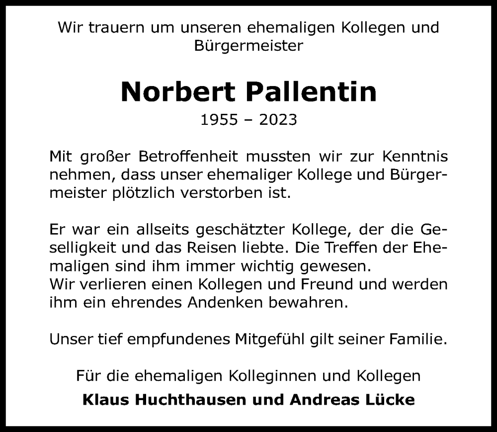  Traueranzeige für Norbert Pallentin vom 26.10.2023 aus Hildesheimer Allgemeine Zeitung