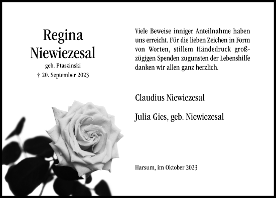 Traueranzeige von Regina Niewiezesal von Hildesheimer Allgemeine Zeitung