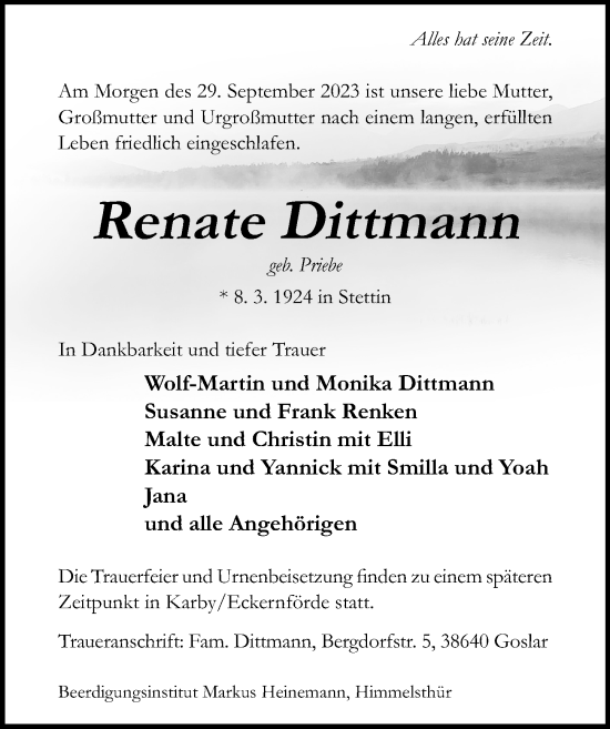 Traueranzeige von Renate Dittmann von Hildesheimer Allgemeine Zeitung