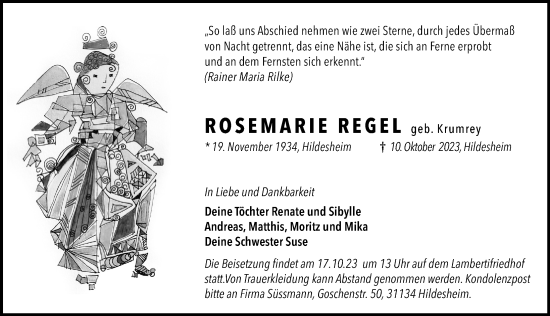 Traueranzeige von Rosemarie Regel von Hildesheimer Allgemeine Zeitung