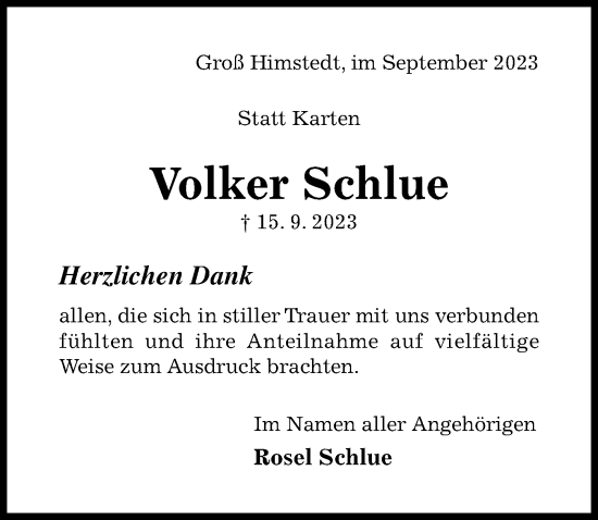 Traueranzeige von Volker Schlue von Hildesheimer Allgemeine Zeitung