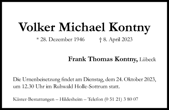 Traueranzeige von Volker Michael Kontny von Hildesheimer Allgemeine Zeitung