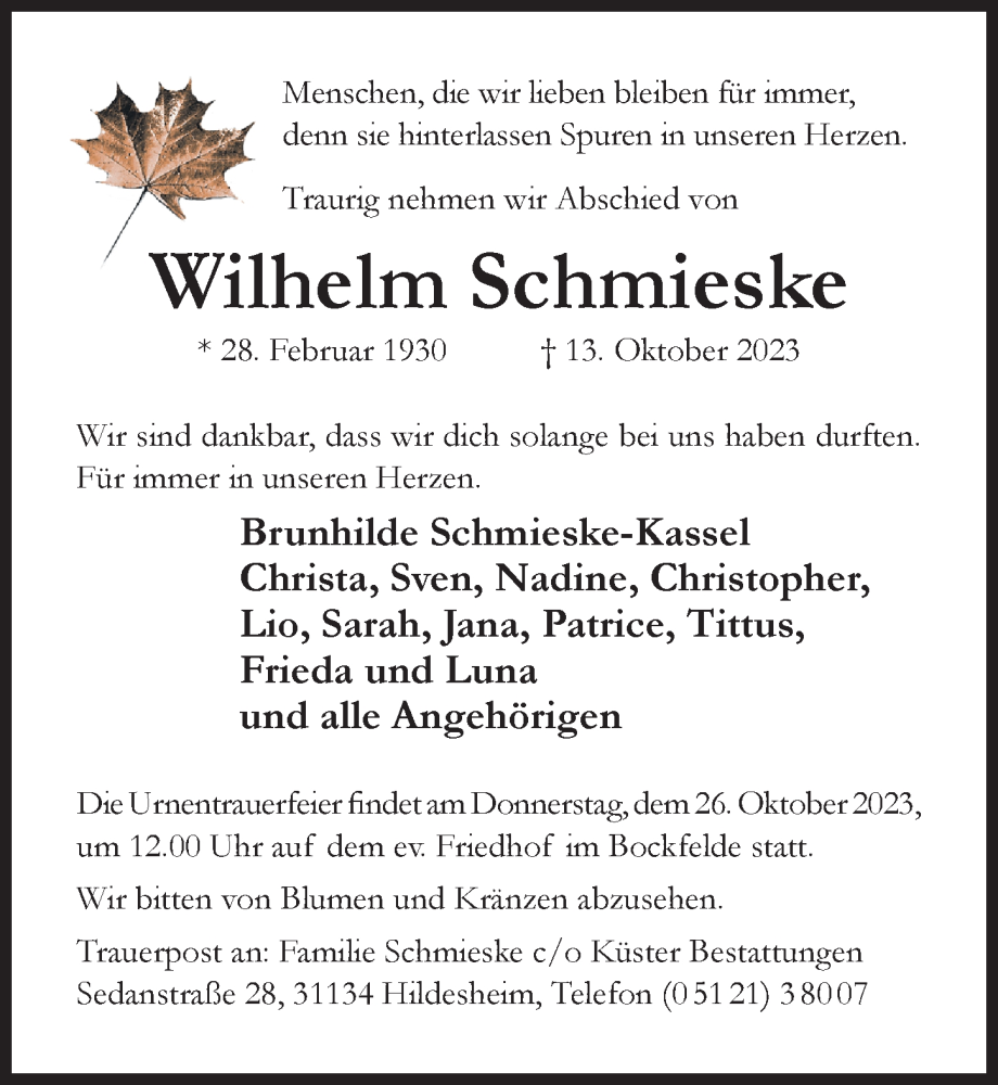  Traueranzeige für Wilhelm Schmieske vom 21.10.2023 aus Hildesheimer Allgemeine Zeitung