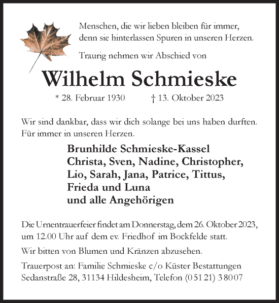 Traueranzeige von Wilhelm Schmieske von Hildesheimer Allgemeine Zeitung