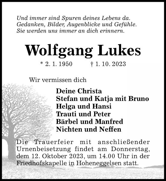 Traueranzeige von Wolfgang Lukes von Hildesheimer Allgemeine Zeitung