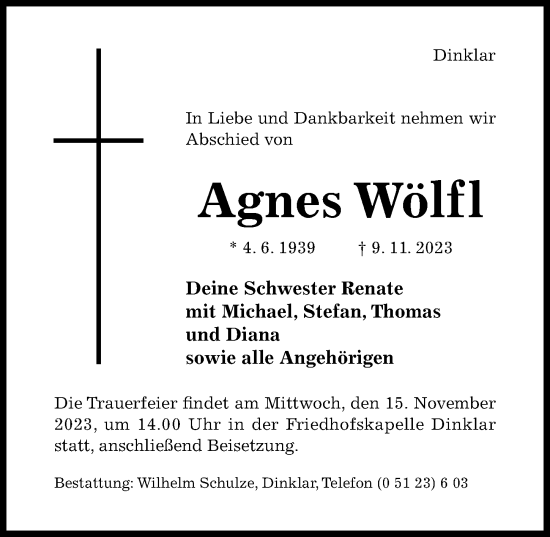 Traueranzeige von Agnes Wölfl von Hildesheimer Allgemeine Zeitung