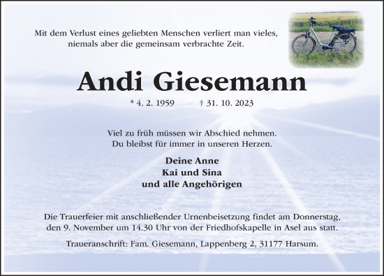 Traueranzeige von Andi Giesemann von Hildesheimer Allgemeine Zeitung