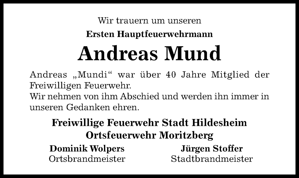  Traueranzeige für Andreas Mund vom 08.11.2023 aus Hildesheimer Allgemeine Zeitung