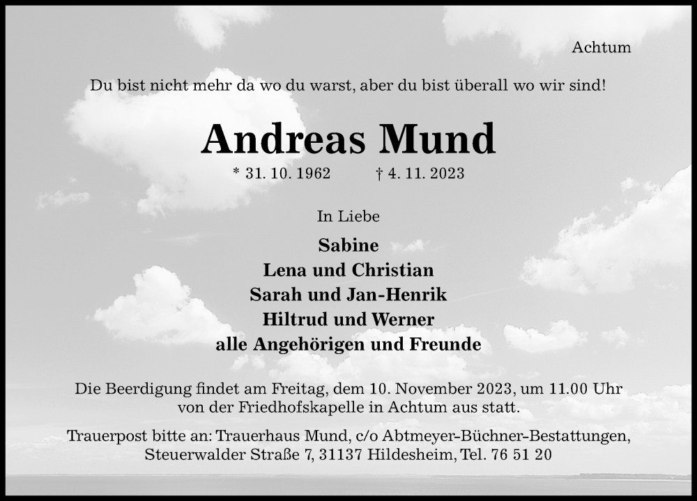  Traueranzeige für Andreas Mund vom 08.11.2023 aus Hildesheimer Allgemeine Zeitung