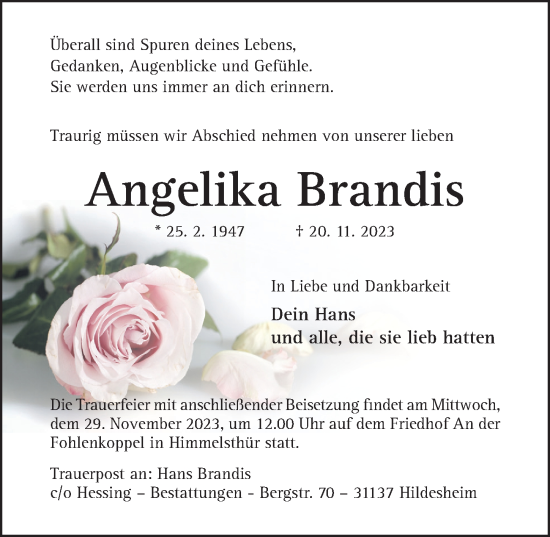 Traueranzeige von Angelika Brandis von Hildesheimer Allgemeine Zeitung