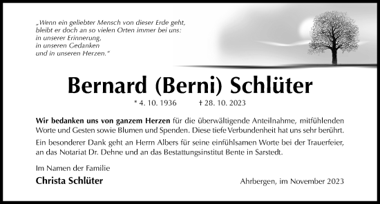 Traueranzeige von Bernard  Schlüter von Hildesheimer Allgemeine Zeitung