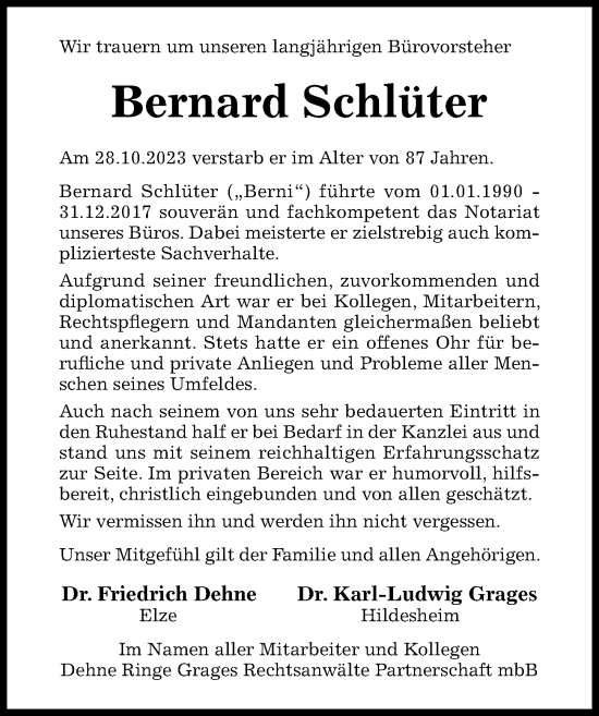 Traueranzeige von Bernard  Schlüter von Hildesheimer Allgemeine Zeitung